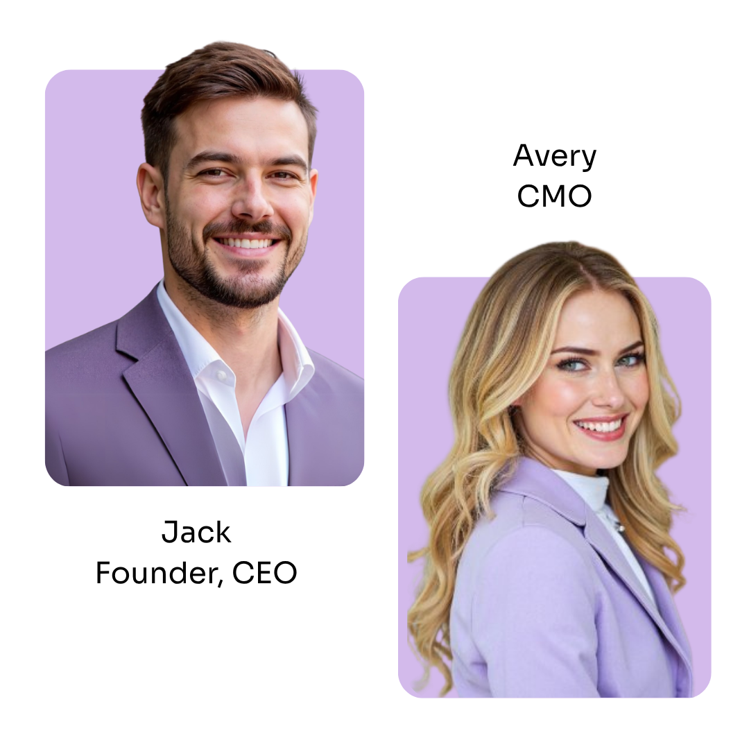 Portraits of Jack and Avery, the founders of TrustyFans. Jack, a smiling man in a lavender suit jacket and white shirt, and Avery, a smiling woman with long blonde hair wearing a lavender blazer, both posed against a soft purple background.