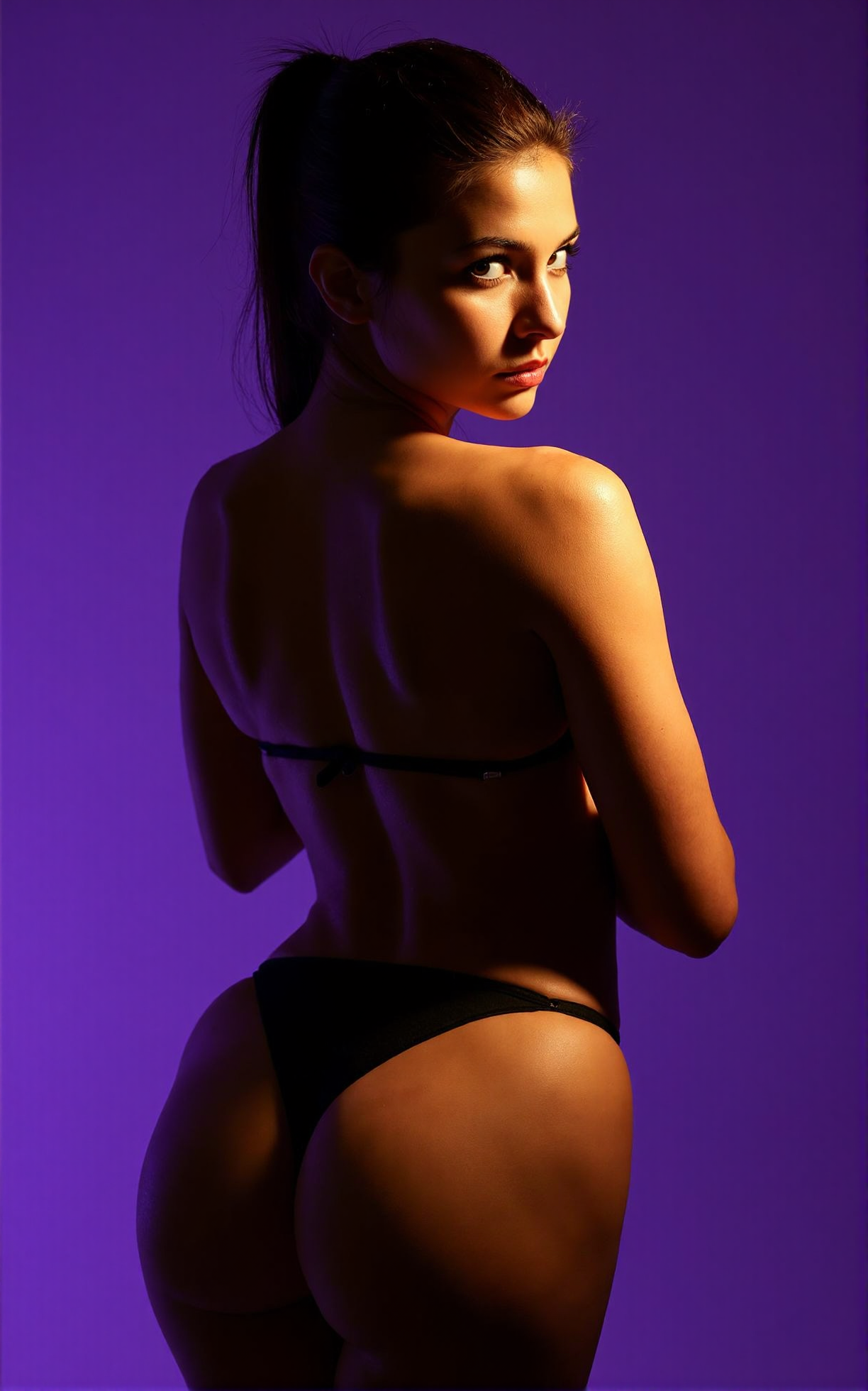 A woman posing confidently against a purple background, lit with warm studio lighting that highlights her back and shoulders. She looks over her shoulder toward the camera with a focused expression.