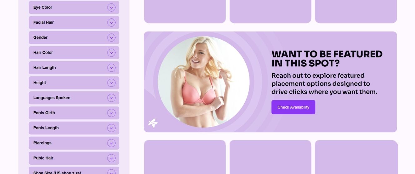 Screenshot of the TrustyFans creator search page showing filter options and a featured advertising placement banner.